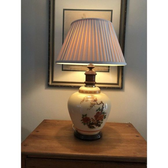 Table Lamp Hand Painted Chinese Motif Beige Large